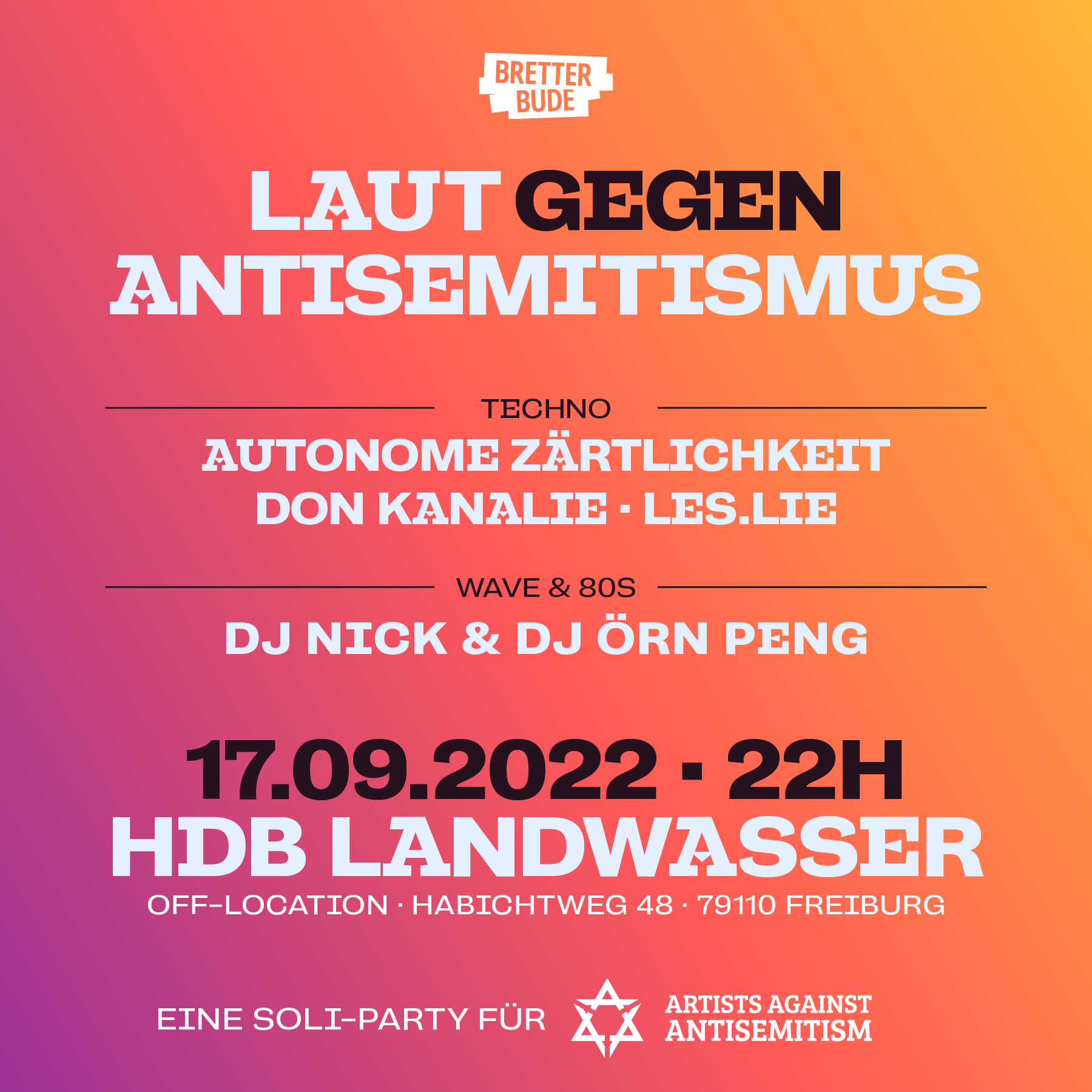 Online-Flyer der Soliparty "laut gegen antisemitsmus" für die Orga Artists Against Antisemitism
