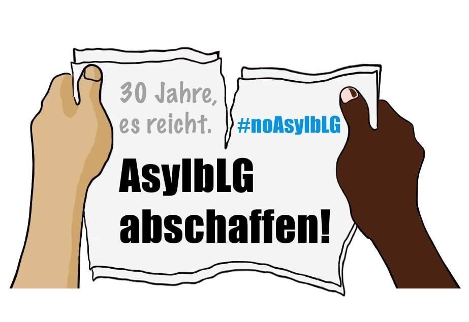 Zwei Hände die ein Blatt in der Hand haben und zerreißen. Auf dem Blatt stehen drei Sachen: 1: AsylbLG abschaffen! 2: 30 Jahre, es reicht. 3: #noAsylbLG