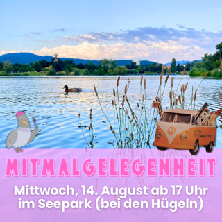 Im Bildvordergrund sind eine Basstaube, die eine Käppi aufhat und einen Pinsel unterm Flügel, und ein VW-Bus, aus dessen Fenstern Pinsel und Stifte ragen. Der Bus fährt über ein idyllisches, friedliches Gewässer. Die Sonne geht unter.