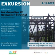 Plakat mit Aufschrift: " Exkursion mit Fahrt ins ehemalige KZ NAtzweiler-Struthof" und einem Bild vom Eingang der Gedenkstätte.