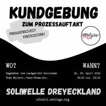 Kundgebung zum Prozessauftakt -Pressefreiheit verteidigen! Wo: Gegenüber vom Landgericht Karlsruhe Ecke Waldstr./ Hans-Thoma-Str. Wann? Do. 18.04. 2024 9:00 bis ca. 16 Uhr - Soliwelle Dreyeckland rdlsoli.noblogs.org
