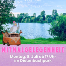 Eine Basstaube sitzt auf einem VW-Bus, aus dessen Fenstern Pinsel und Stifte ragen. Der Bus parkt auf der Wiese vorm Dietenbachsee..