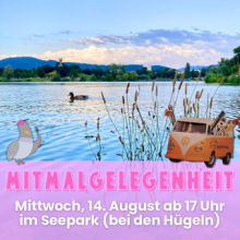 Im Bildvordergrund sind eine Basstaube, die eine Käppi aufhat und einen Pinsel unterm Flügel, und ein VW-Bus, aus dessen Fenstern Pinsel und Stifte ragen. Der Bus fährt über ein idyllisches, friedliches Gewässer. Die Sonne geht unter.